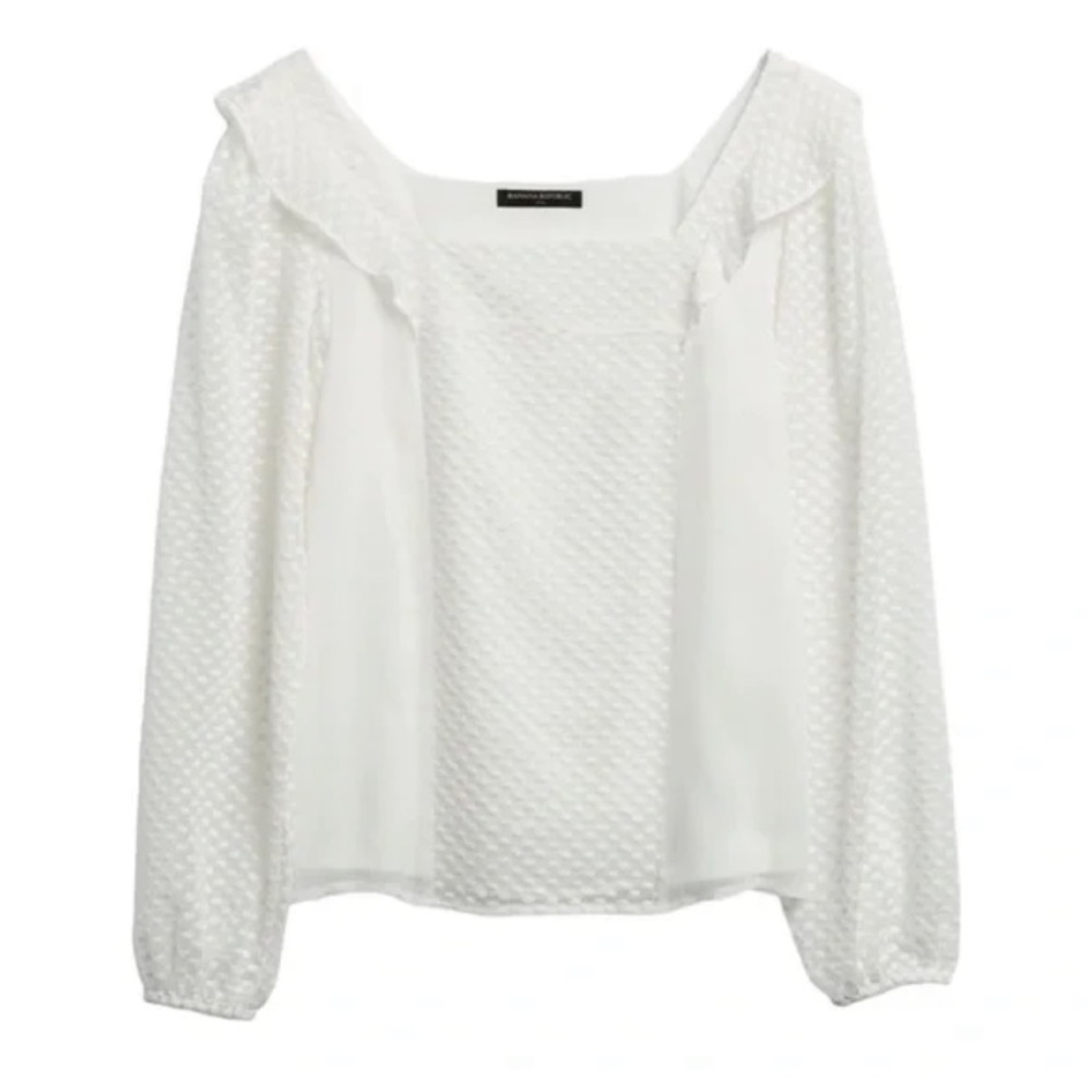 Banana Republic Square Neck Peasant Top White Sheer Dot Sleeves Size XS